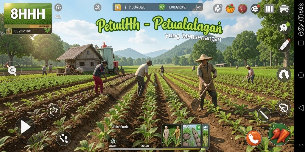 Tangkapan layar gameplay pertanian di 8HHH yang menunjukkan ladang subur.