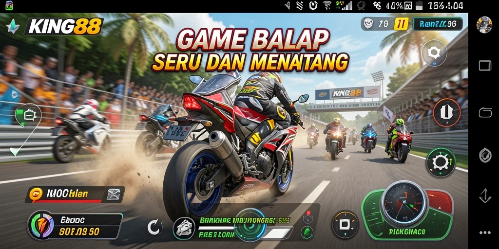 Screenshot gameplay KING88 menunjukkan aksi balap motor yang mendebarkan.