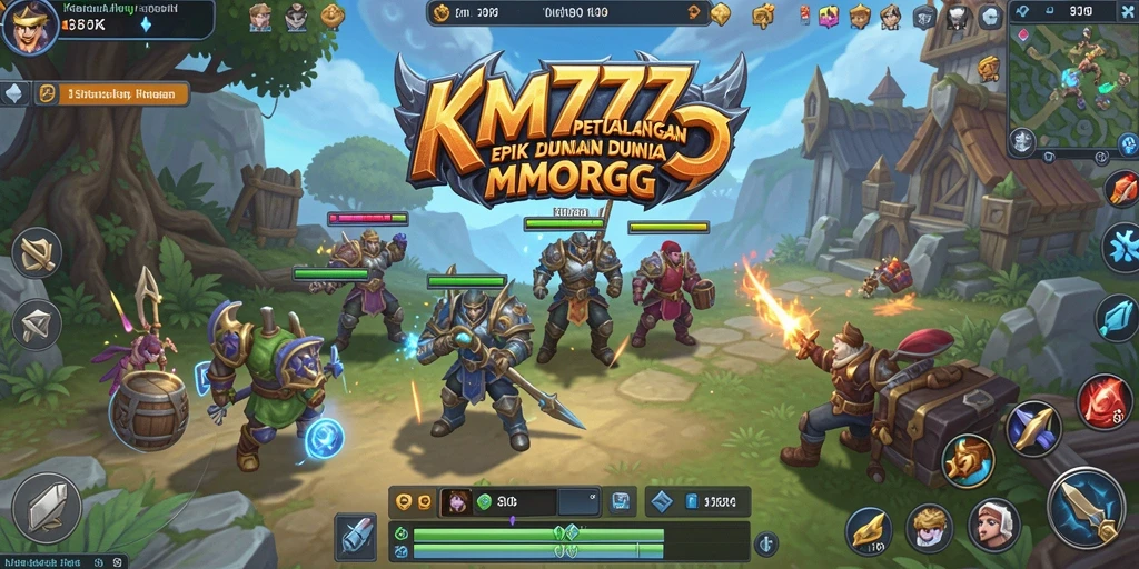 Screenshot gameplay KM777 menampilkan pertempuran epik di dunia MMORPG.