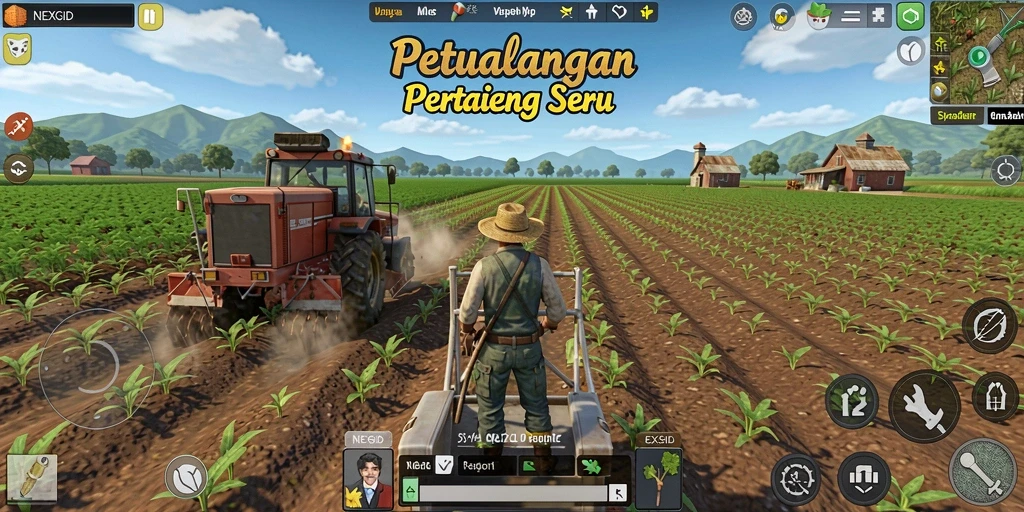 Screenshot gameplay NEXGID dengan petak pertanian yang indah.