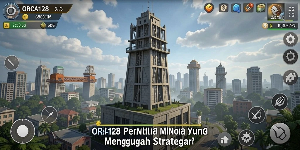 Tangkapan layar gameplay ORCA128 menampilkan menara strategis melawan gelombang musuh.