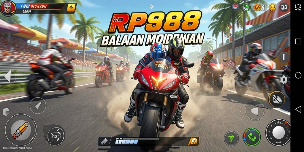 Gameplay seru di RP888 dengan motor balapan yang cepat.