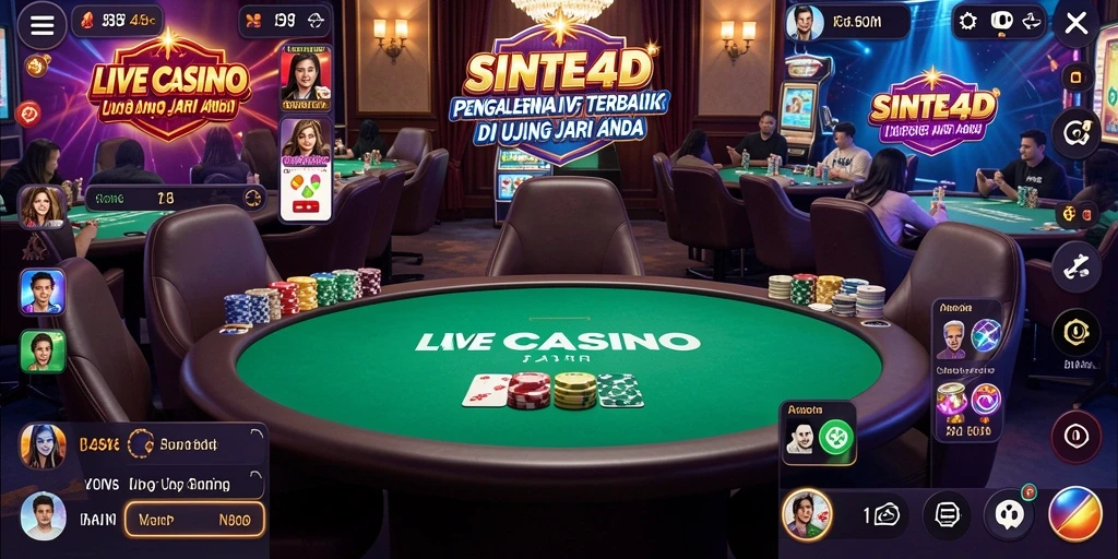 Screenshot gameplay SINTE4D menampilkan dealer langsung dan suasana casino yang mendebarkan.