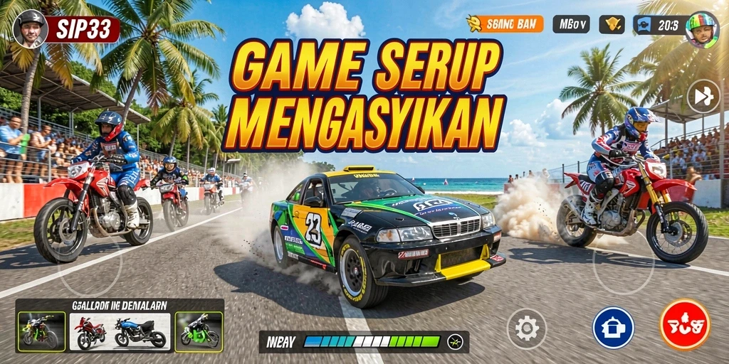 Screenshot gameplay SIP33 menampilkan balapan mendebarkan dengan mobil berkecepatan tinggi.